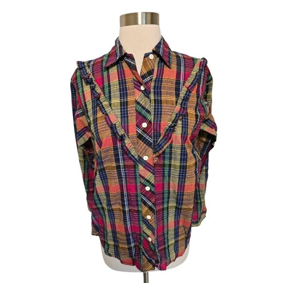 80s 90s Vintage Womens Plaid Button Front Shirt Size Medium Ruffles Western - Picture 1 of 6